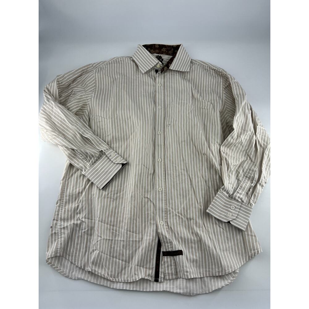 English Laundry Mens 17.5 32/33 Tan White Striped Shirt Preppy Career Core Ivy